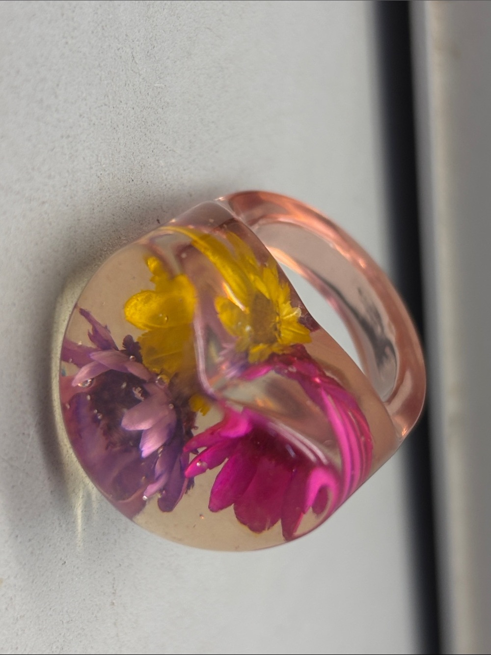Resin Floral Statement Ring - Pink with Yellow & Purple & pink Flowers